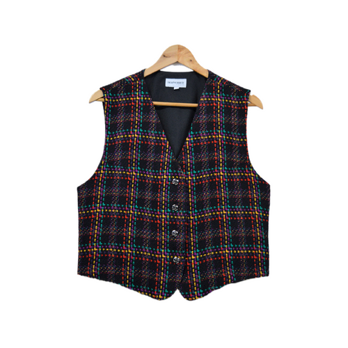 Mint Vintage 1980s-1990s Hobnobber Canada Black and Rainbow Plaid Wool Vest