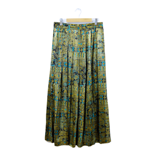 Vintage 1970s-1980s Louben Abstract Black Gold and Teal Print Satin Pleated Maxi Skirt