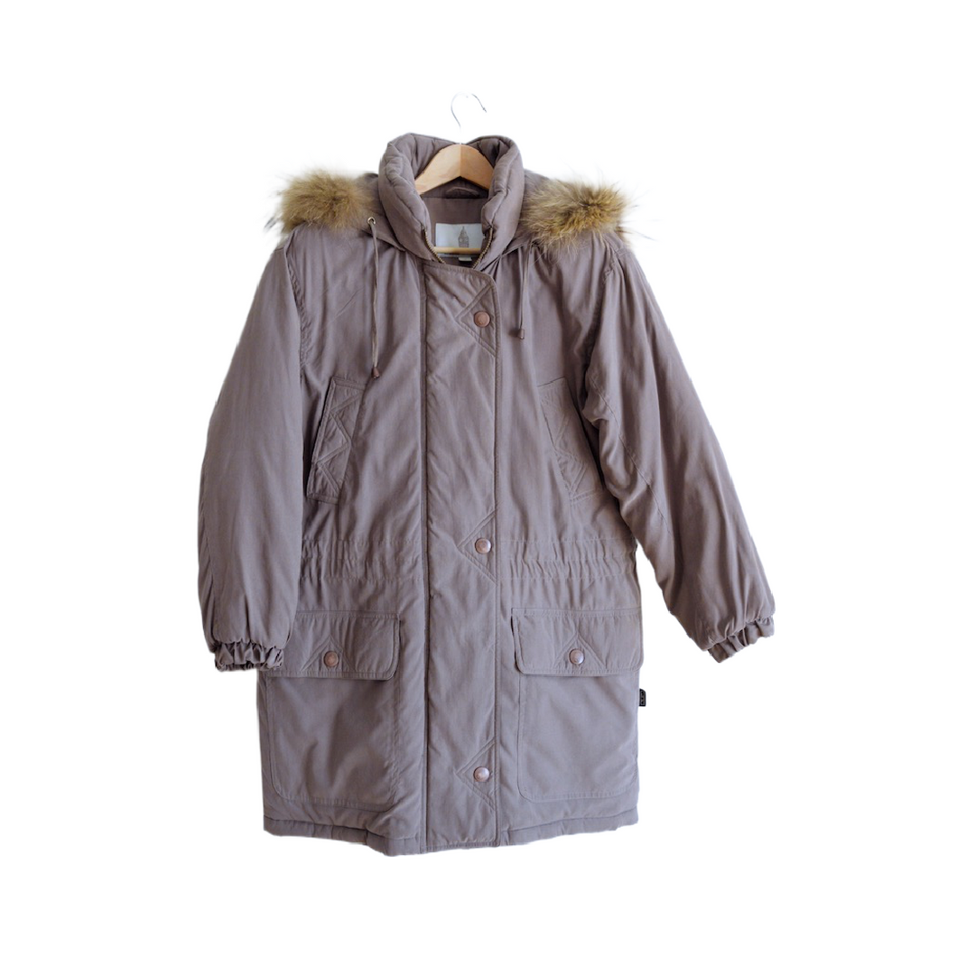 London Fog Beige Parka with Faux Fur Hood | S