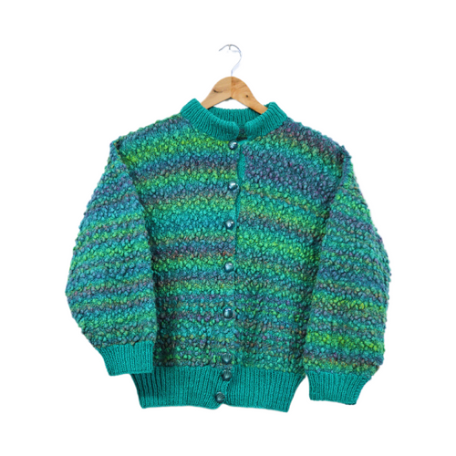 Vintage 1980s-1990s Hand Knit Teal and Ombre Gradient Chunky Bauble Hand Knit Sweater