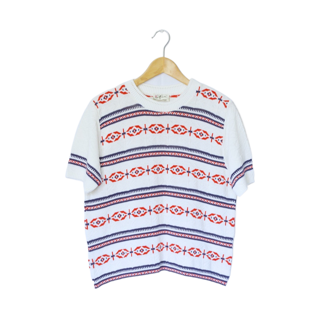 White/Red/Blue Abstract Short Sleeve Sweater | M