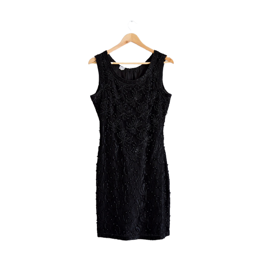 Geometric Beaded Black Sleeveless Dress | M