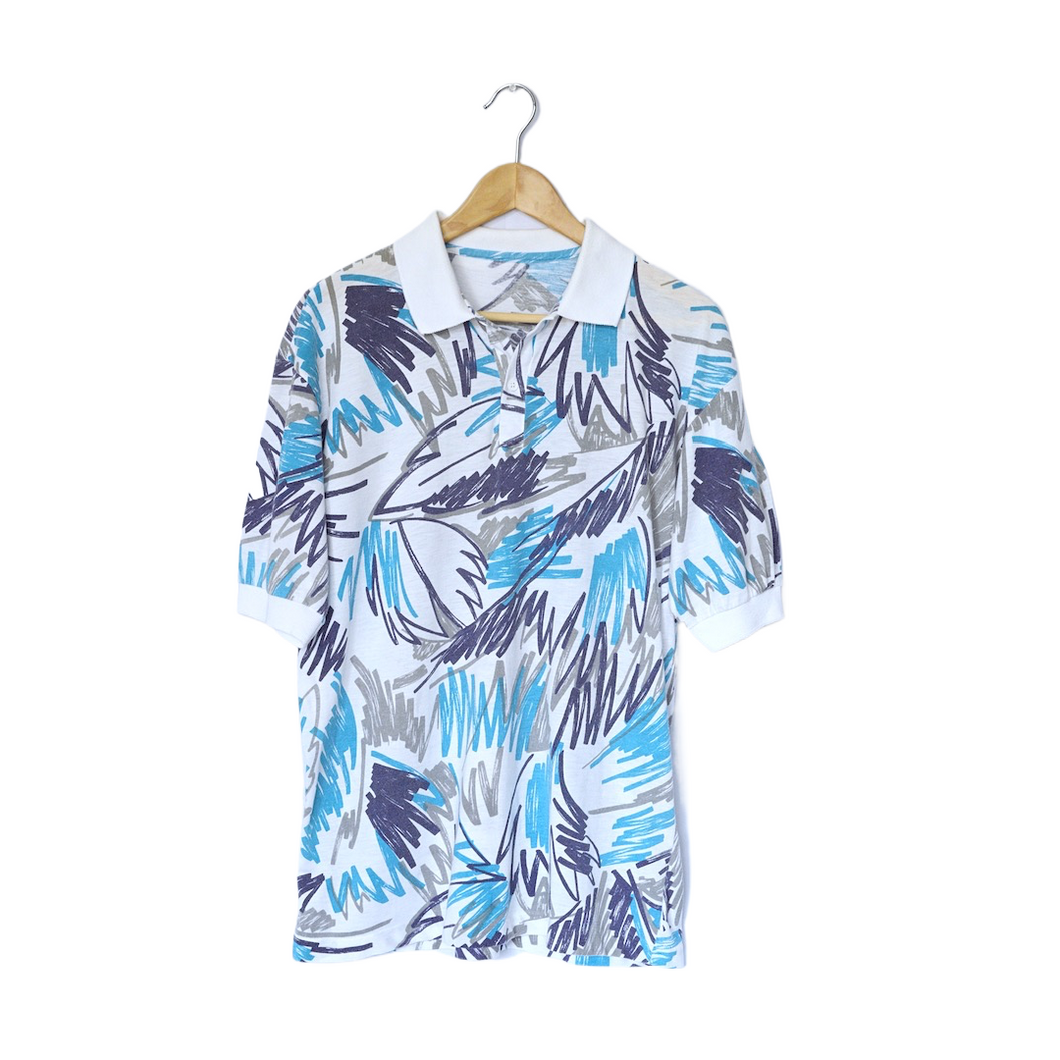 White and Blue Abstract Polo Shirt | M-L