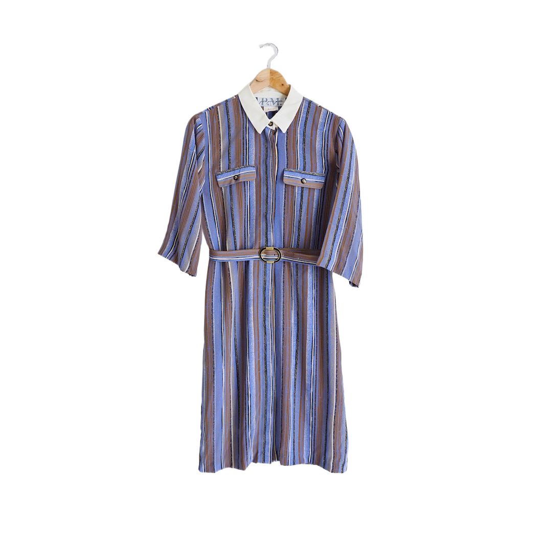 Striped Collared Shirt Dress with Ornate Belt | M