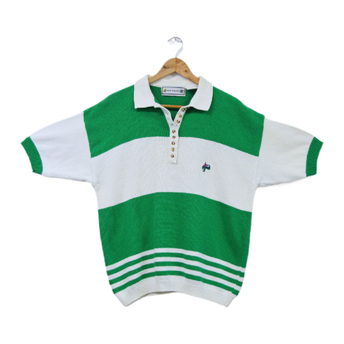 Vintage 1980s-1990s New Waves Men's Green and White Stripe Cotton Polo Shirt with Embroidery