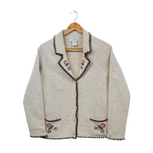 Load image into Gallery viewer, Vintage 1990s Marled Beige Cotton Blend Cardigan with Embroidered Flowers
