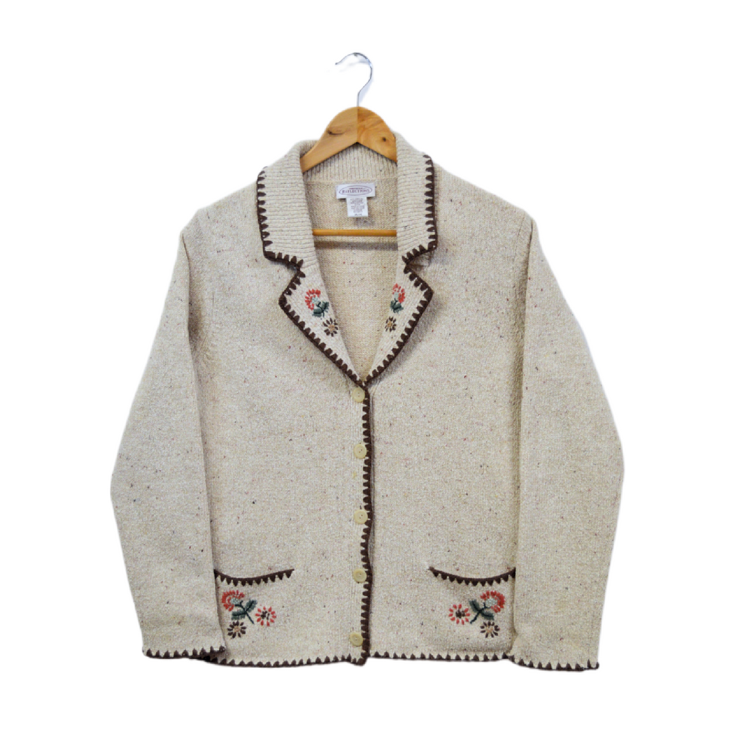 Vintage 1990s Marled Beige Cotton Blend Cardigan with Embroidered Flowers