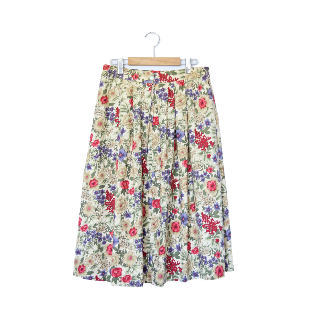 Cotton Beige and Floral Print Maxi Skirt | S-M