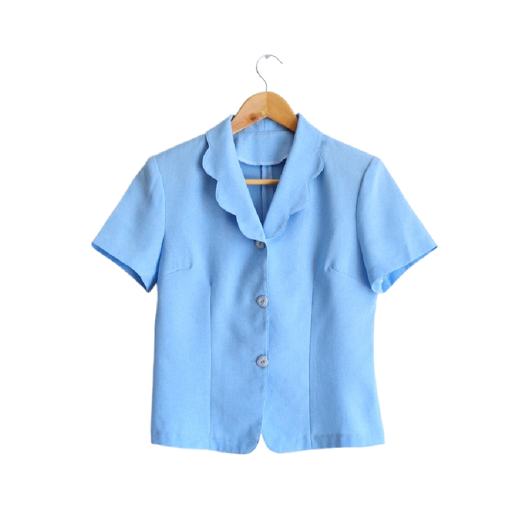 Baby Blue Scalloped Collar Short Sleeve Blouse | S-M