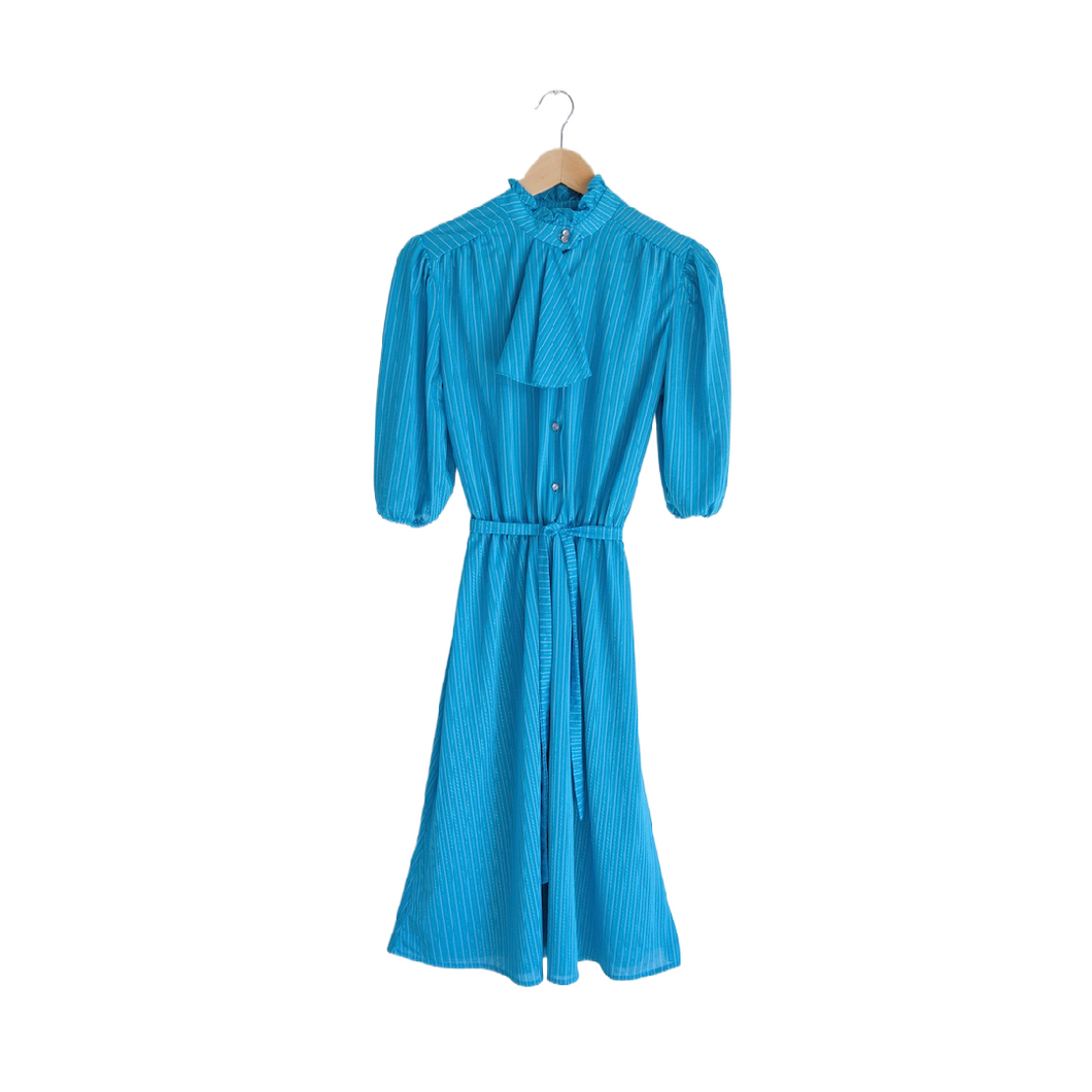 Bright Blue Ruffle Collared Dress with Faux Scarf | XS