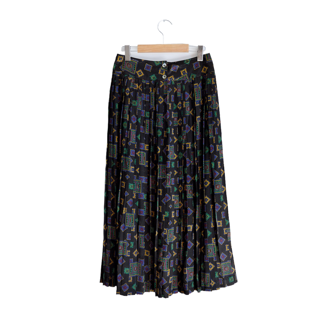 Liz Claiborne Black Pleated Skirt with Colourful Geometric Print | L-XL