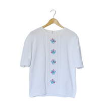 Load image into Gallery viewer, White Cotton Sweater with Cable Knit and Floral Detail | M
