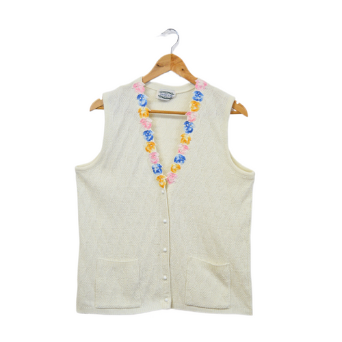 Upcycled Hand Sitched Knit Vest with Multicoloured Recycled Floral Doily Detail 