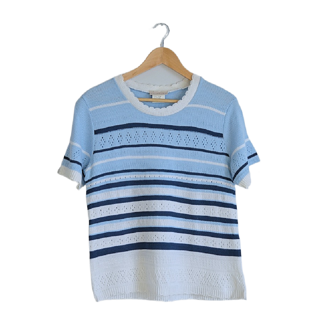 Blue and White Striped Short Sleeve Sweater | M
