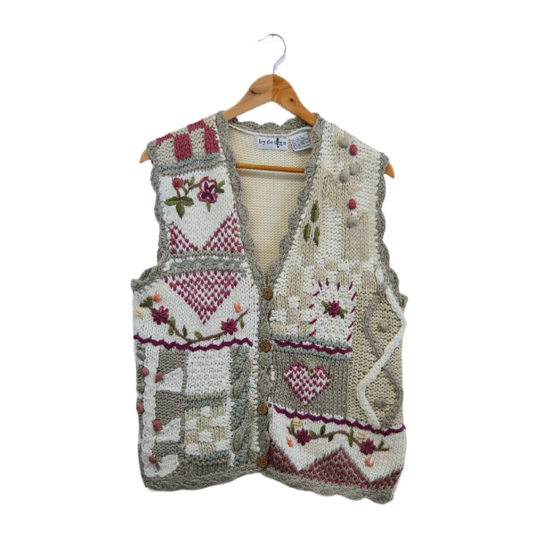 Vintage 1990s Cottage Core Knit Patchwork Vest 