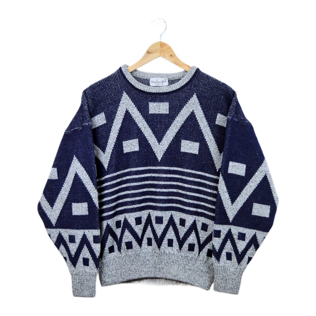Vintage 1980s Navy and Gray Wool Blend Geometric Print Sweater