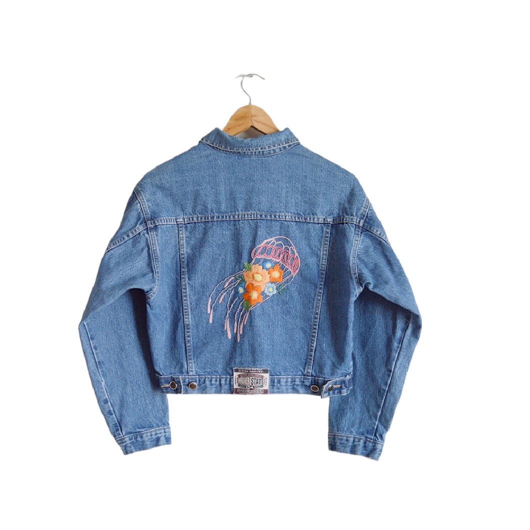 Up-cycled Hand Embroidered Jellyfish Denim Jacket | M