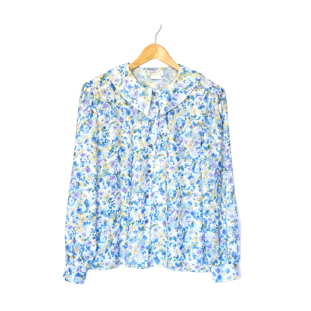 Blue Yellow and Purple Floral Blouse with Peter Pan Collar | M