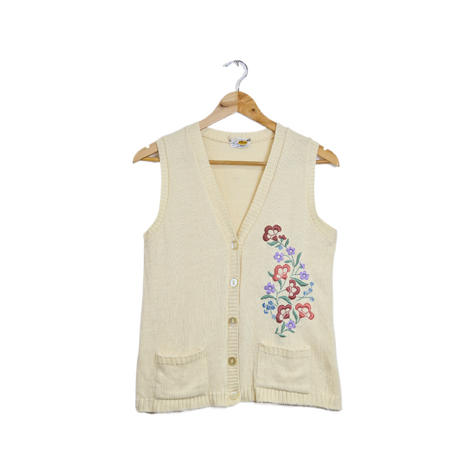 Up-cycled Hand Embroidered Vintage Wool Vest with Pastel Floral Embroidery | Small