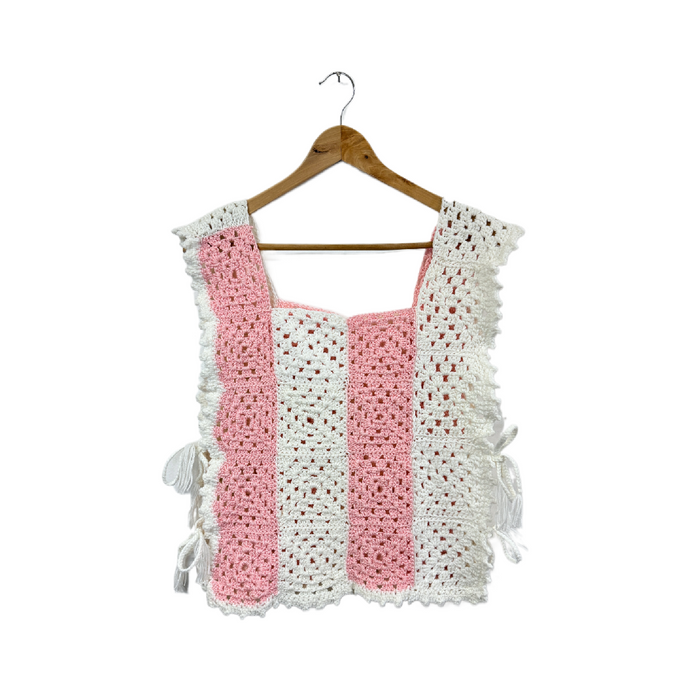 Up-cycled Pink and White Granny Square Vest with Side Ties | Small-Large