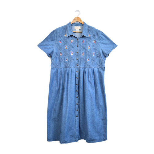 Vintage 1990s Image 100% cotton Floral and Butterfly Embroidered Button Down Short Sleeve Denim Maxi Dress
