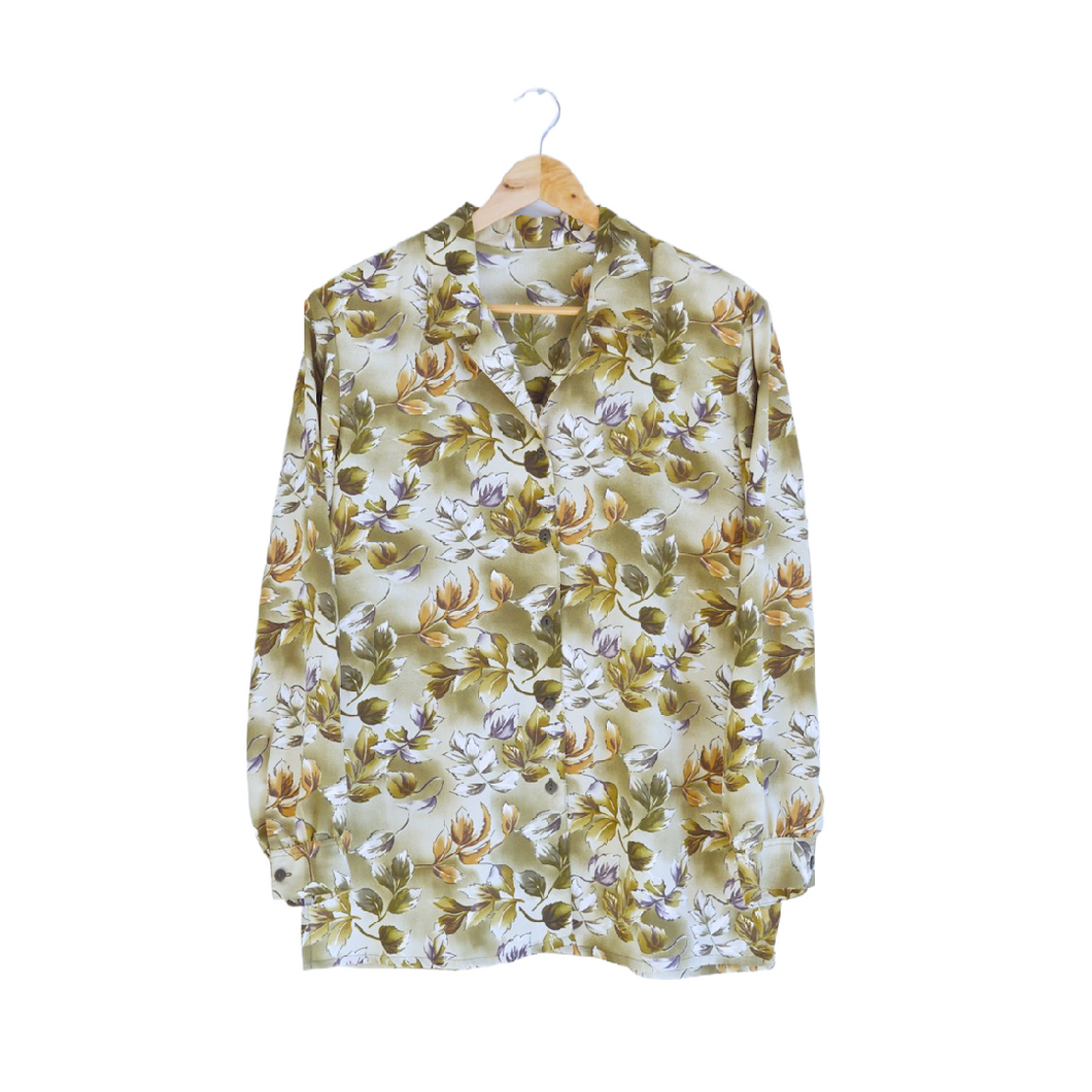 Green Blouse with Brown and Purple Floral Pattern | L-XL