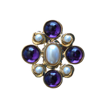 Load image into Gallery viewer, Vintage Gold Brooch with Purple Circular and Oval Inlays 1980s
