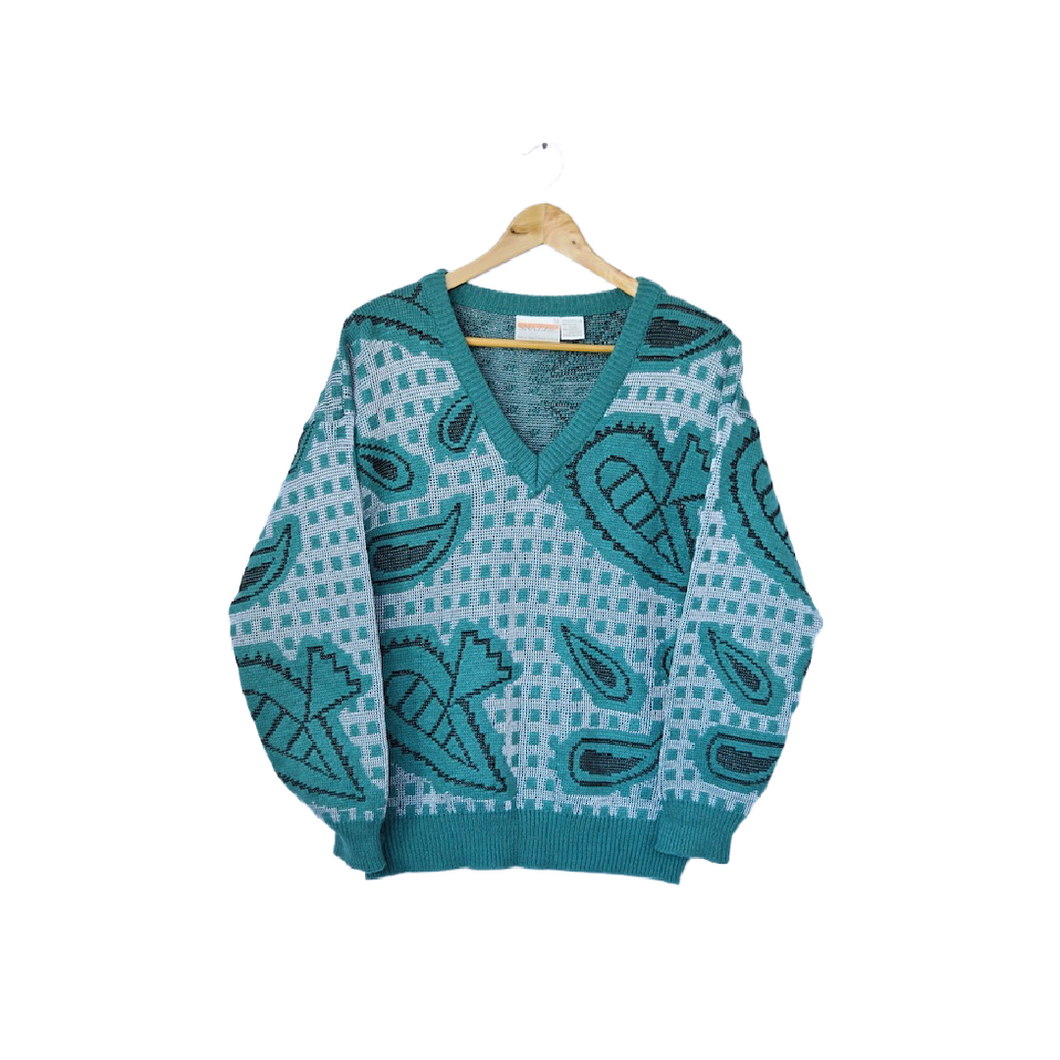 Teal Paisley V Neck Sweater | M