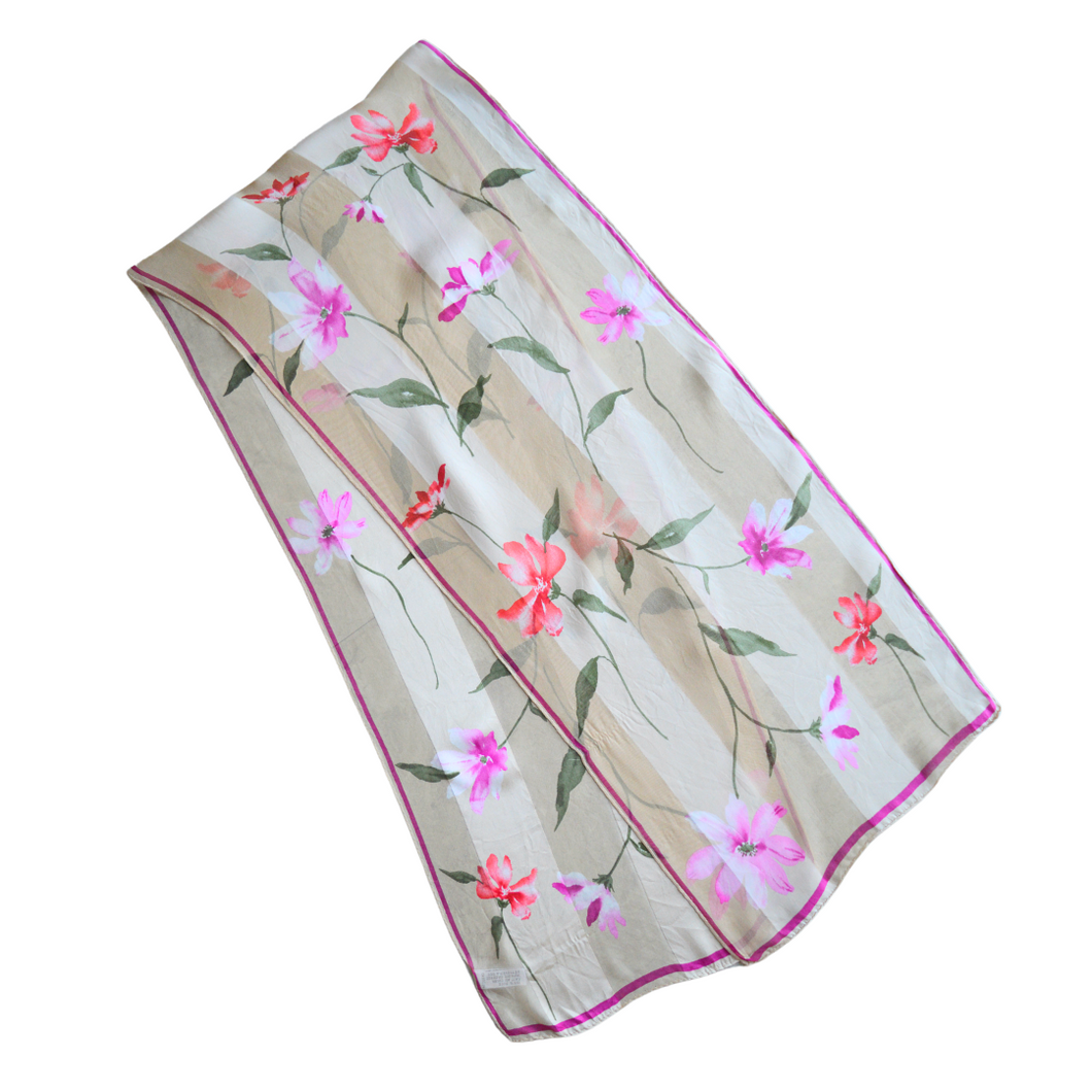 Vintage Beige, Pink and Red Floral Silk Scarf