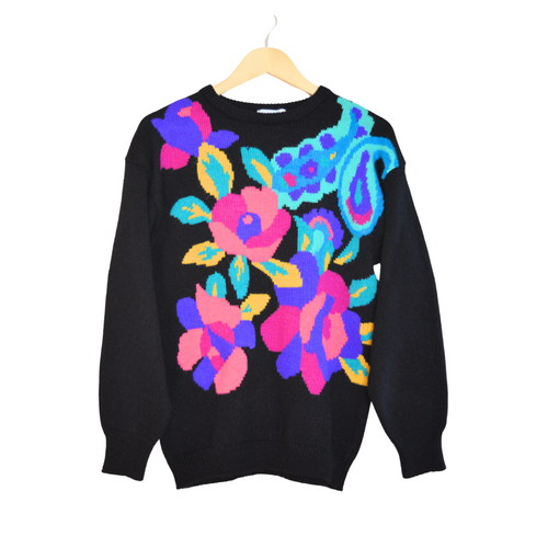 Vintage Black Knit Sweater with Neon Floral Print | Small-Medium