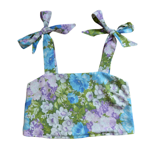 Up-cycled Handcrafted Blue and Purple Floral Bow Shoulder Cropped Tank | Extra-Small