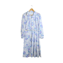 Load image into Gallery viewer, Blue Purple and White Floral Belted Shirtdress | 1970s | L
