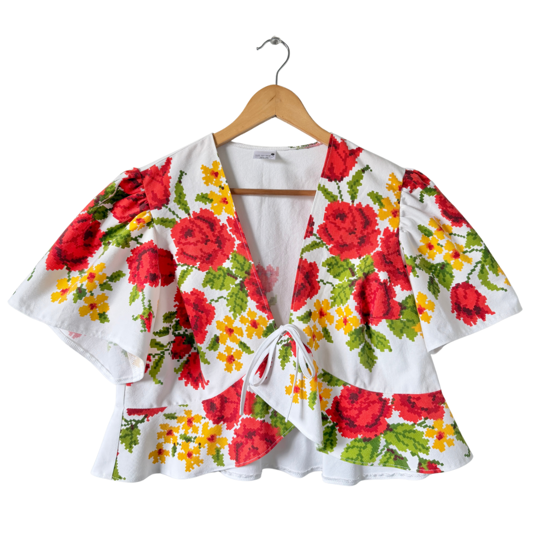 Recycled Red and Yellow Floral Peplum Blouse 2X