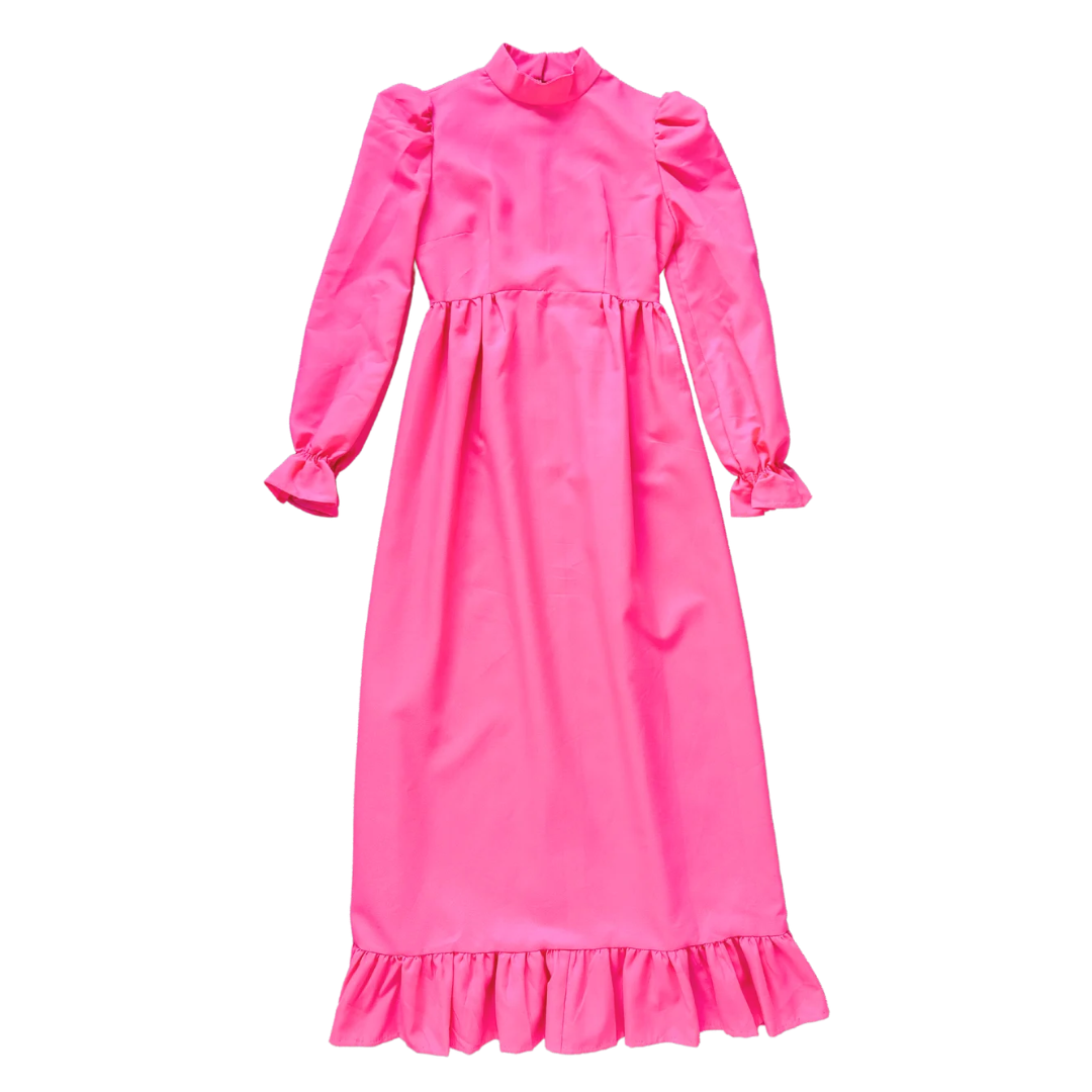 Vintage 70s Neon Pink Ruffled Hem High Collar Dress