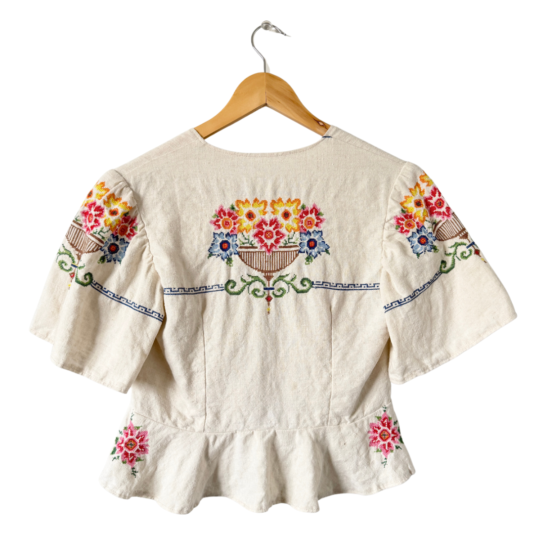 Recycled Bright Floral Embroidered Linen Peplum Blouse | Extra-Small