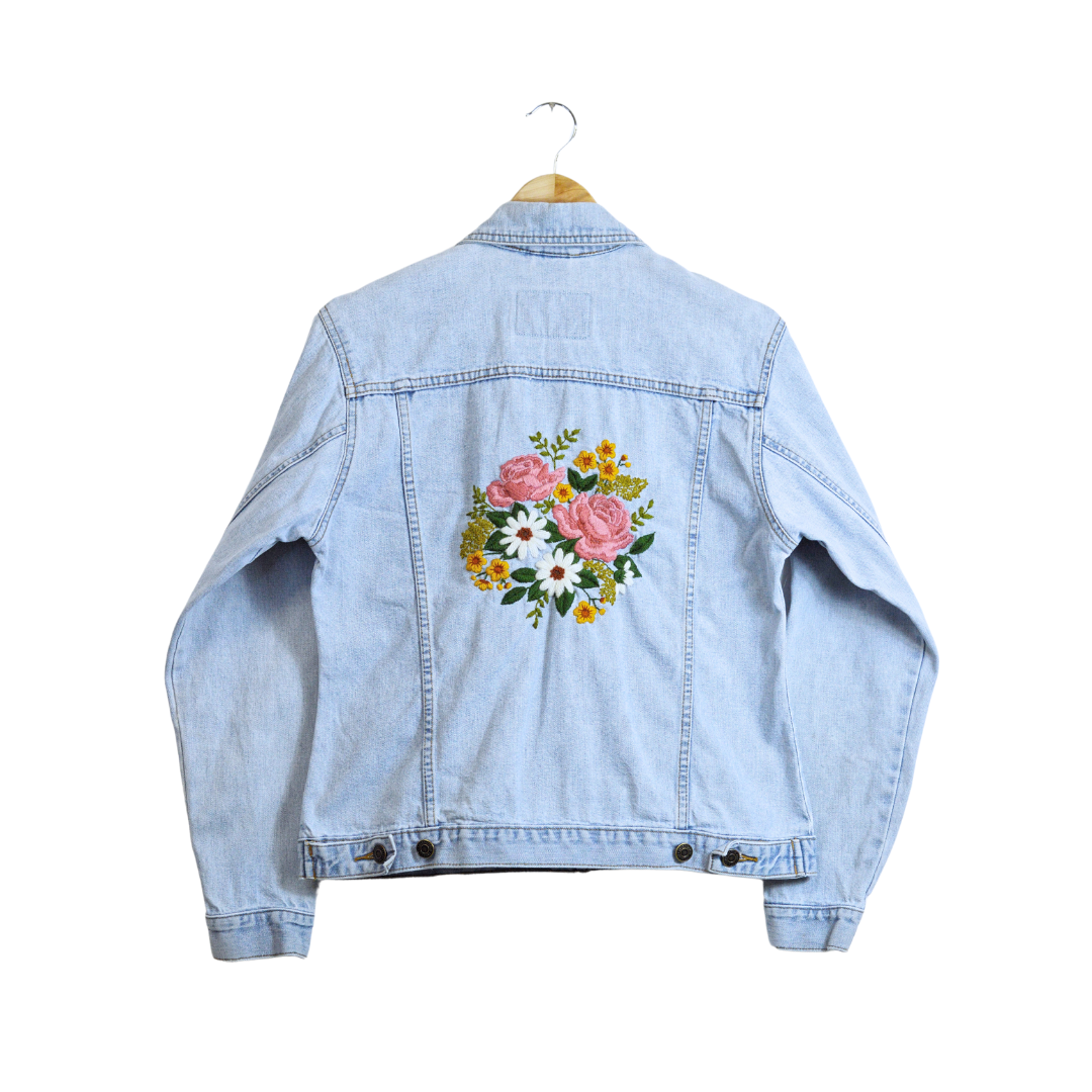 Up-cycled Hand Embroidered Denim Jacket with Roses, Daisies and Foliage (Vintage Embroidery) | Small