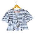 Recycled Blue and White Striped Lace Trim Peplum Blouse | Medium
