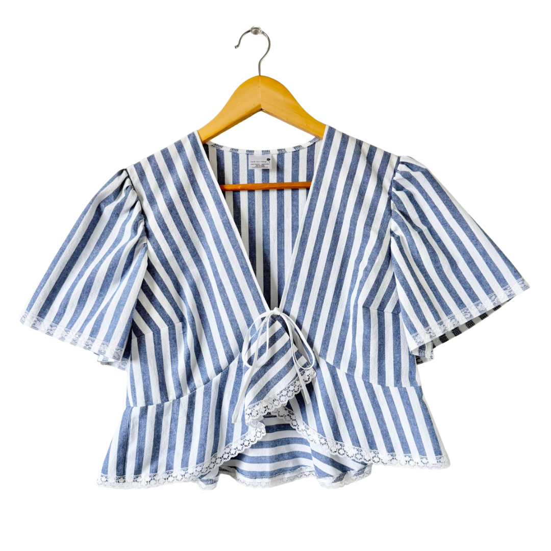 Recycled Blue and White Striped Lace Trim Peplum Blouse | Medium