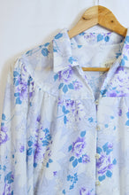 Load image into Gallery viewer, Blue Purple and White Floral Belted Shirtdress | 1970s | L
