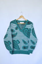Load image into Gallery viewer, Vintage 1980s Teal Paisley V Neck Sweater

