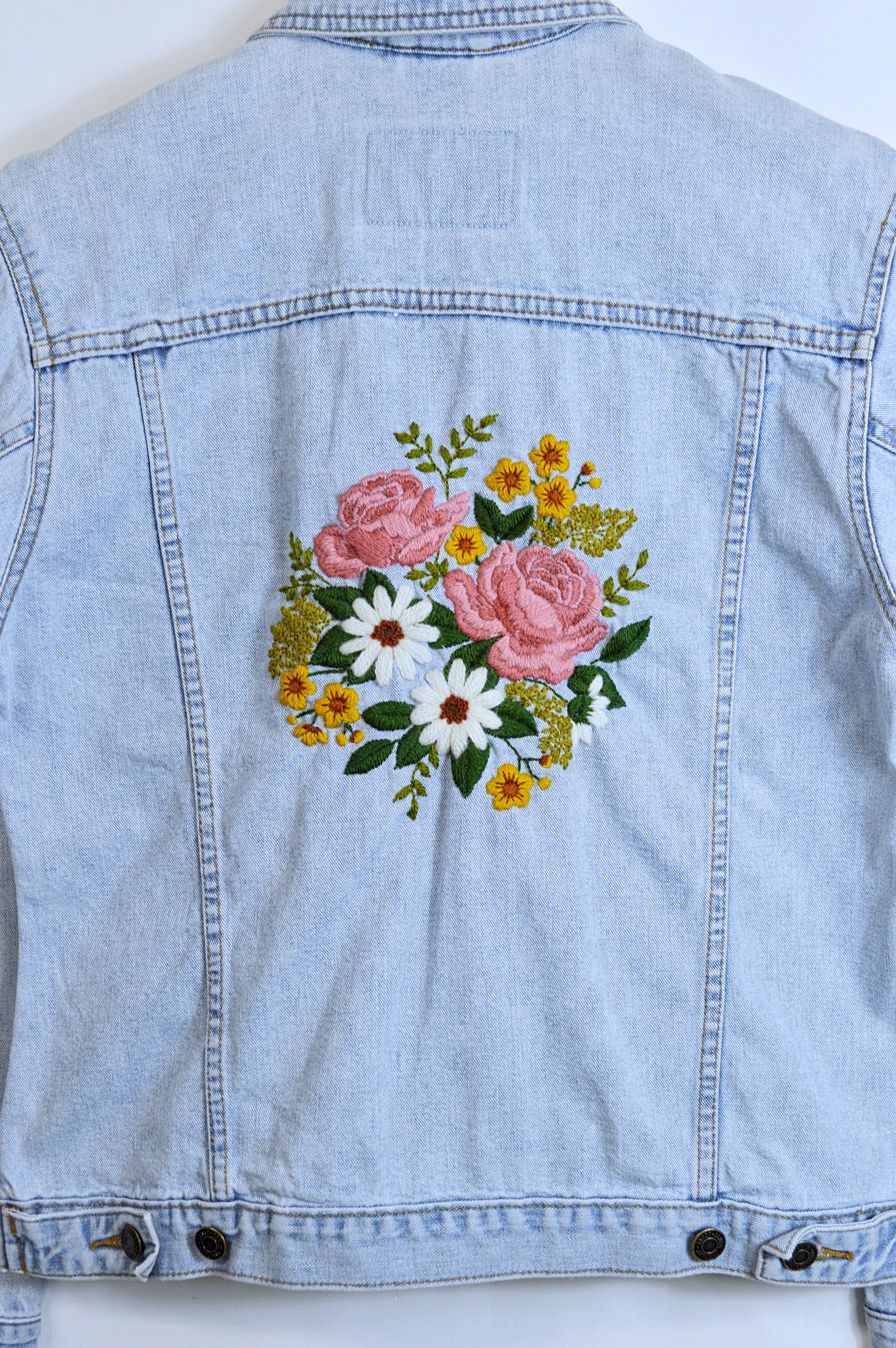 Up-cycled Hand Embroidered Denim Jacket with Roses, Daisies and Foliage (Vintage Embroidery) | Small