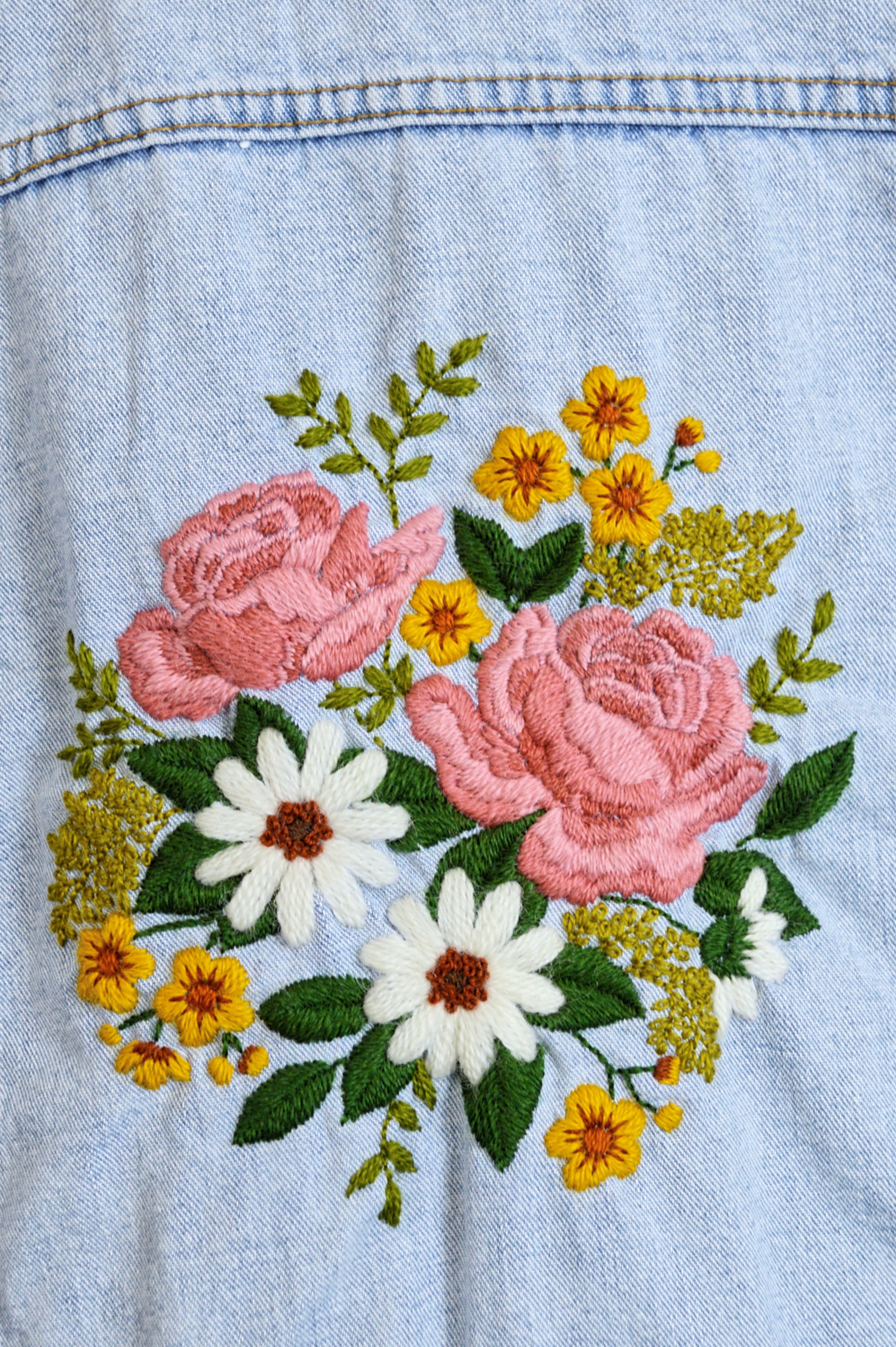 Up-cycled Hand Embroidered Denim Jacket with Roses, Daisies and Foliage (Vintage Embroidery) | Small