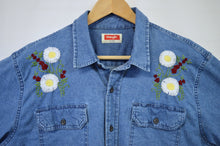 Load image into Gallery viewer, Men&#39;s Upcycled Daisy and Red Flowers Hand Embroidered Denim Shirt | L
