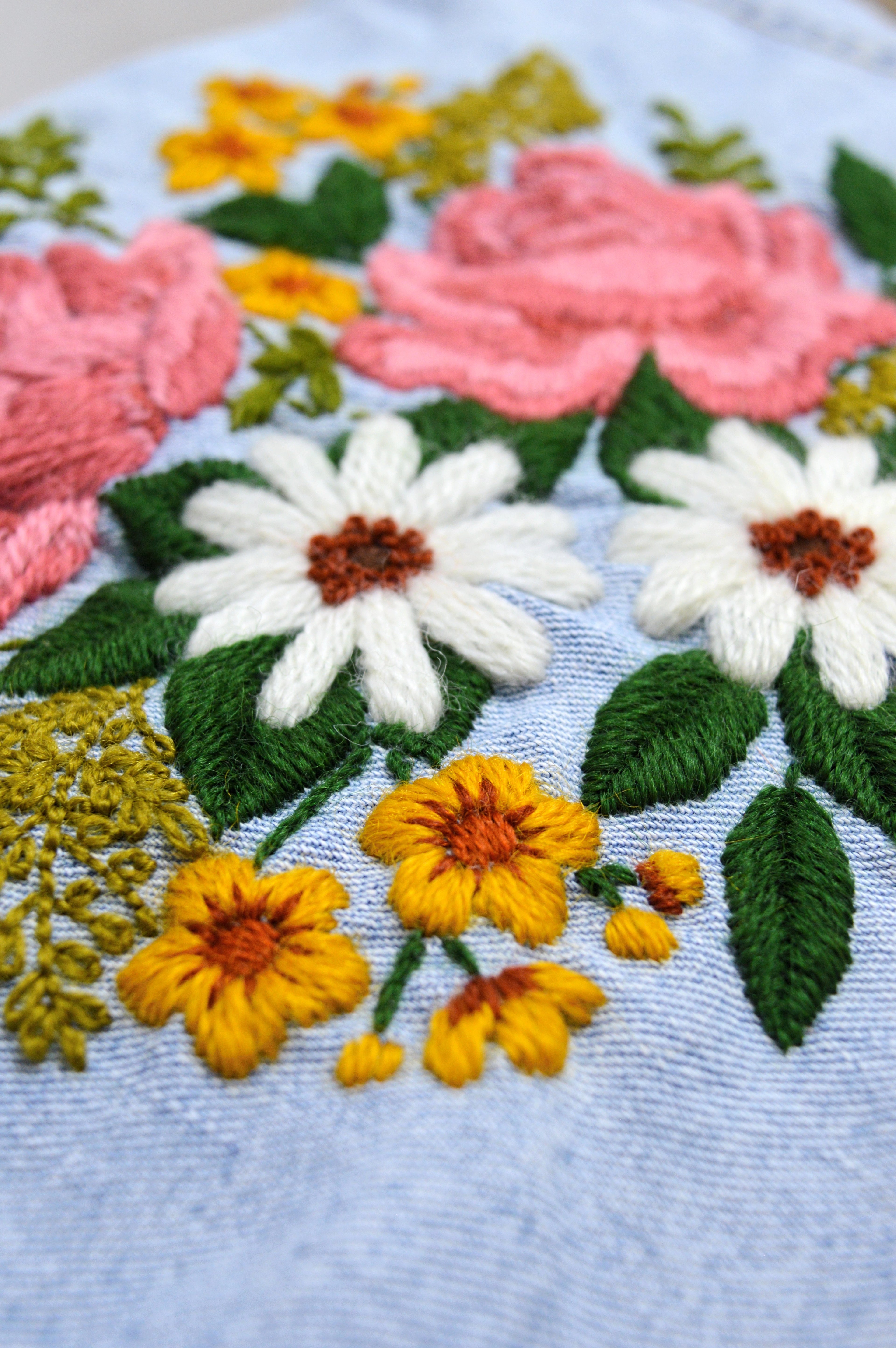 Up-cycled Hand Embroidered Denim Jacket with Roses, Daisies and Foliage (Vintage Embroidery) | Small