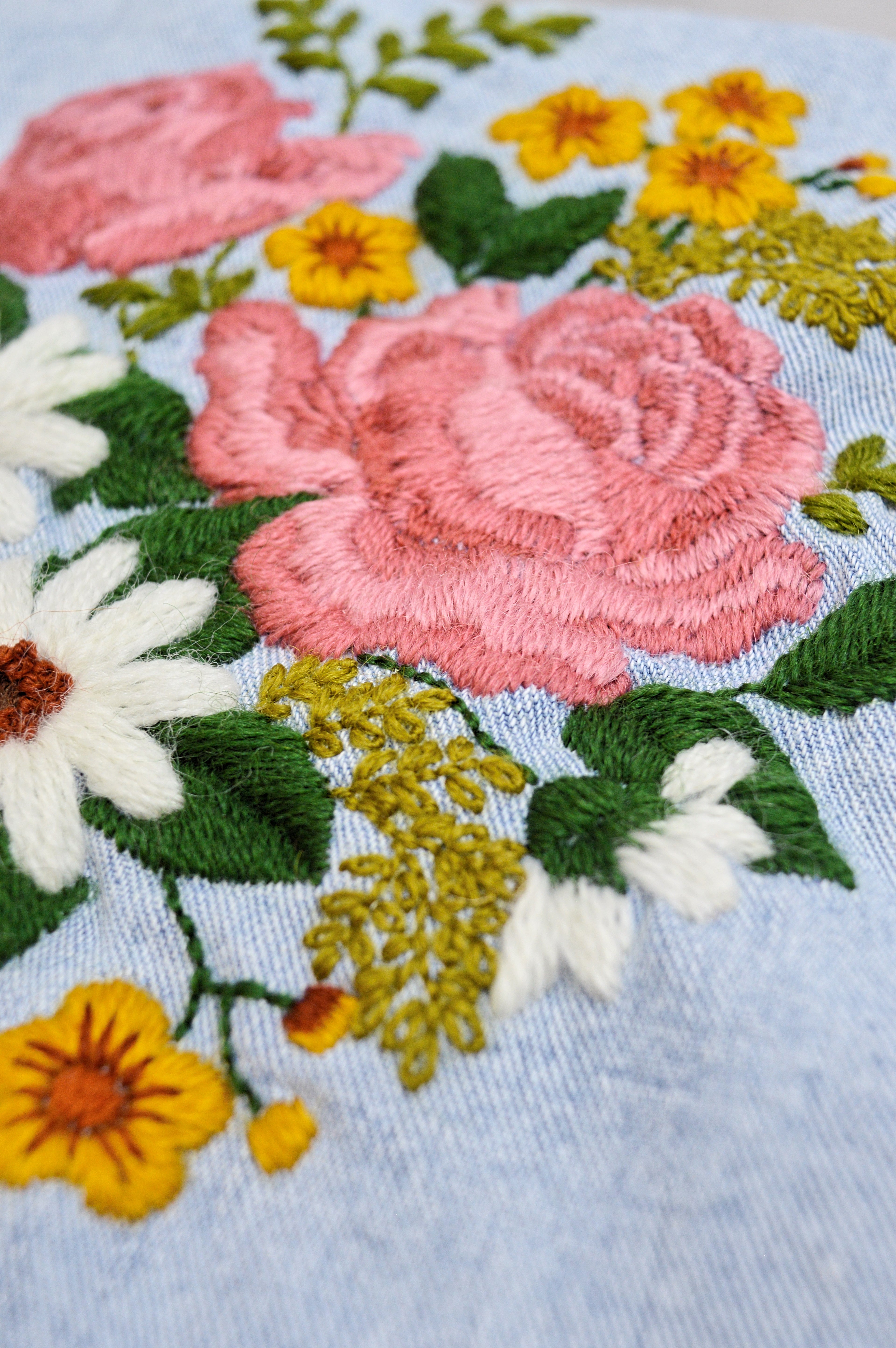 Up-cycled Hand Embroidered Denim Jacket with Roses, Daisies and Foliage (Vintage Embroidery) | Small