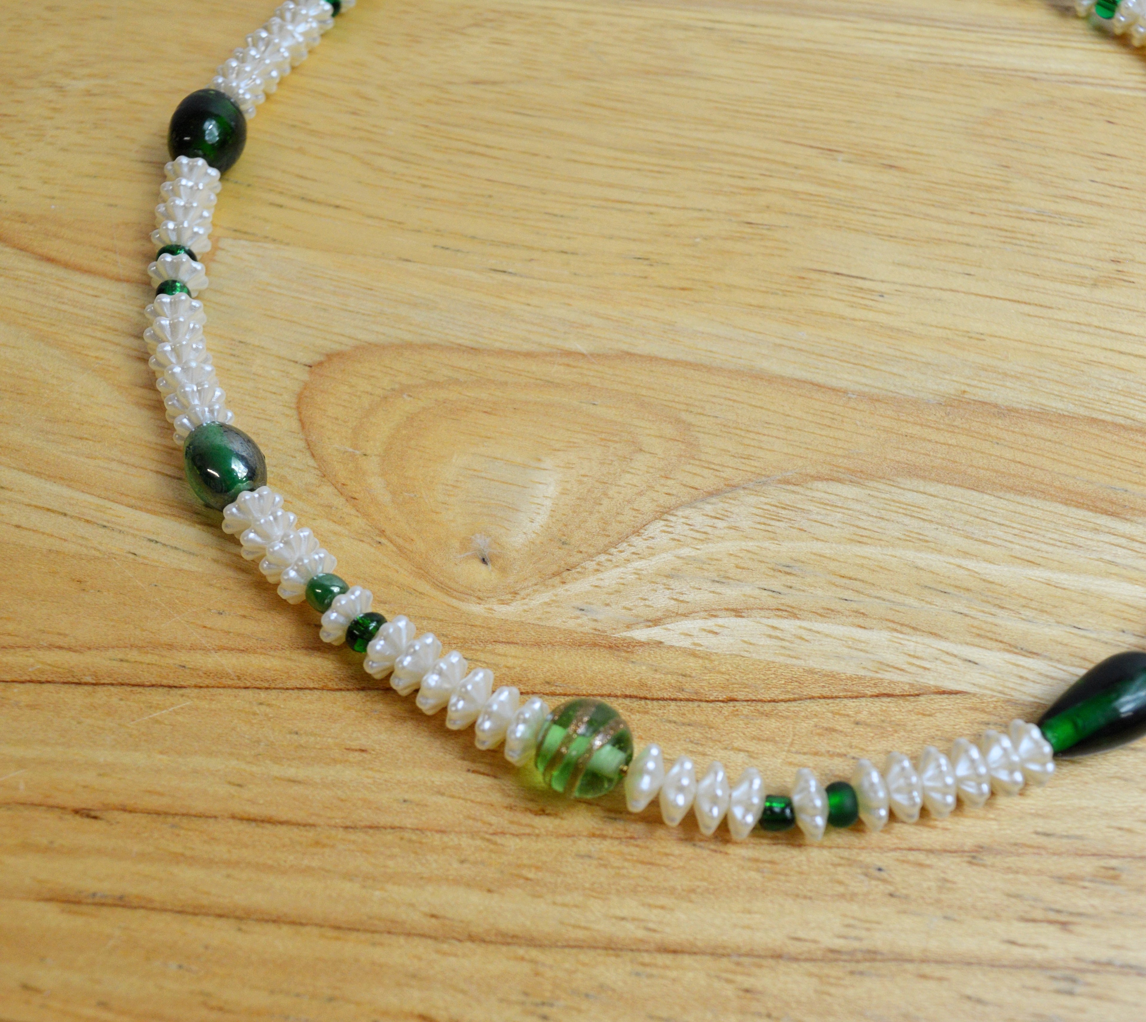Up-cycled Hand-crafted Necklace with Green Glass and Textured Faux Pearl Beads