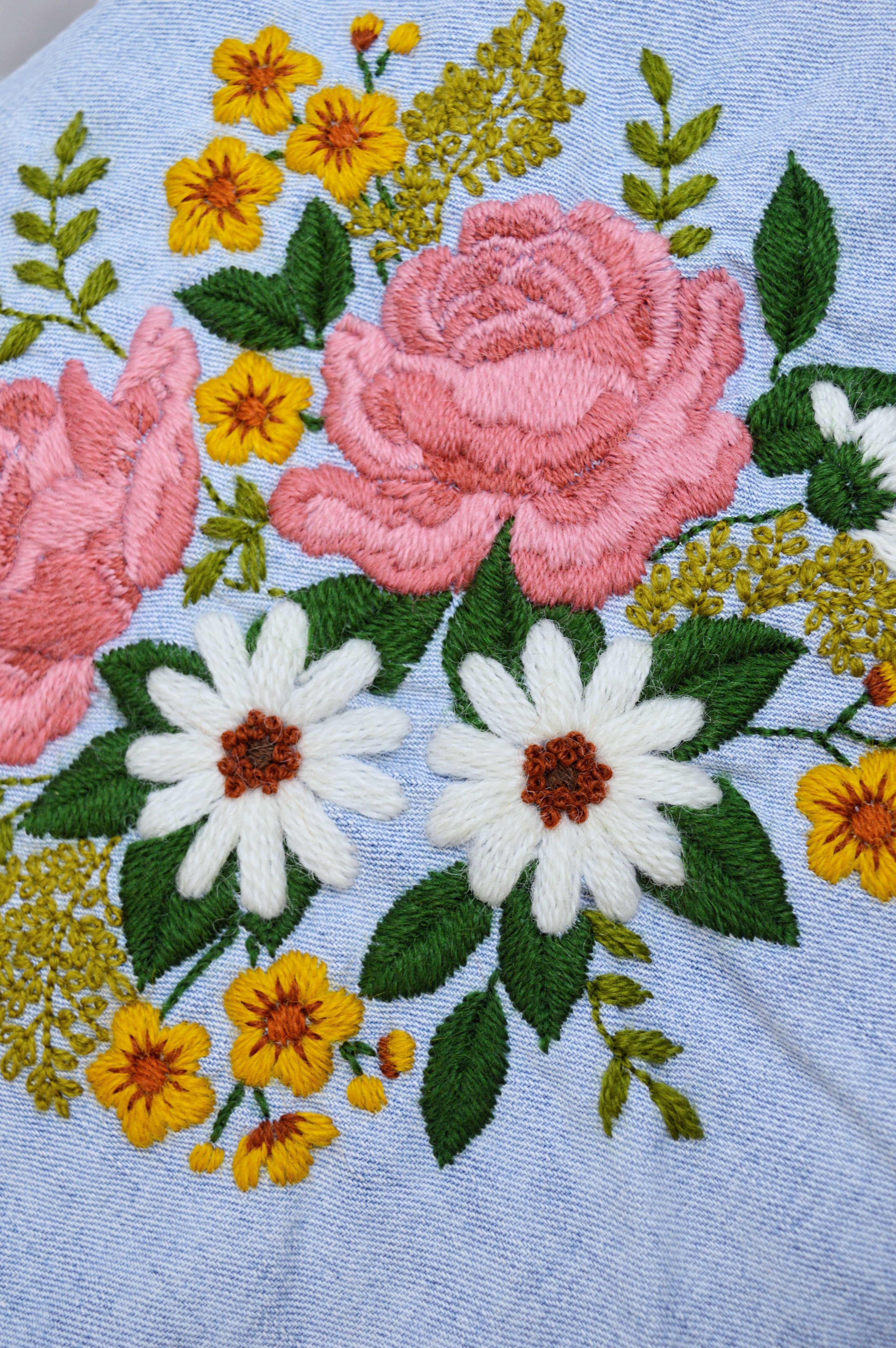 Up-cycled Hand Embroidered Denim Jacket with Roses, Daisies and Foliage (Vintage Embroidery) | Small