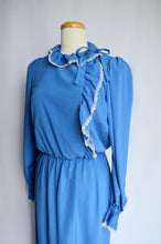 Load image into Gallery viewer, Cerulean Blue Lace Trim Ruffled Collar and Sleeve Dress | 1970s | Small
