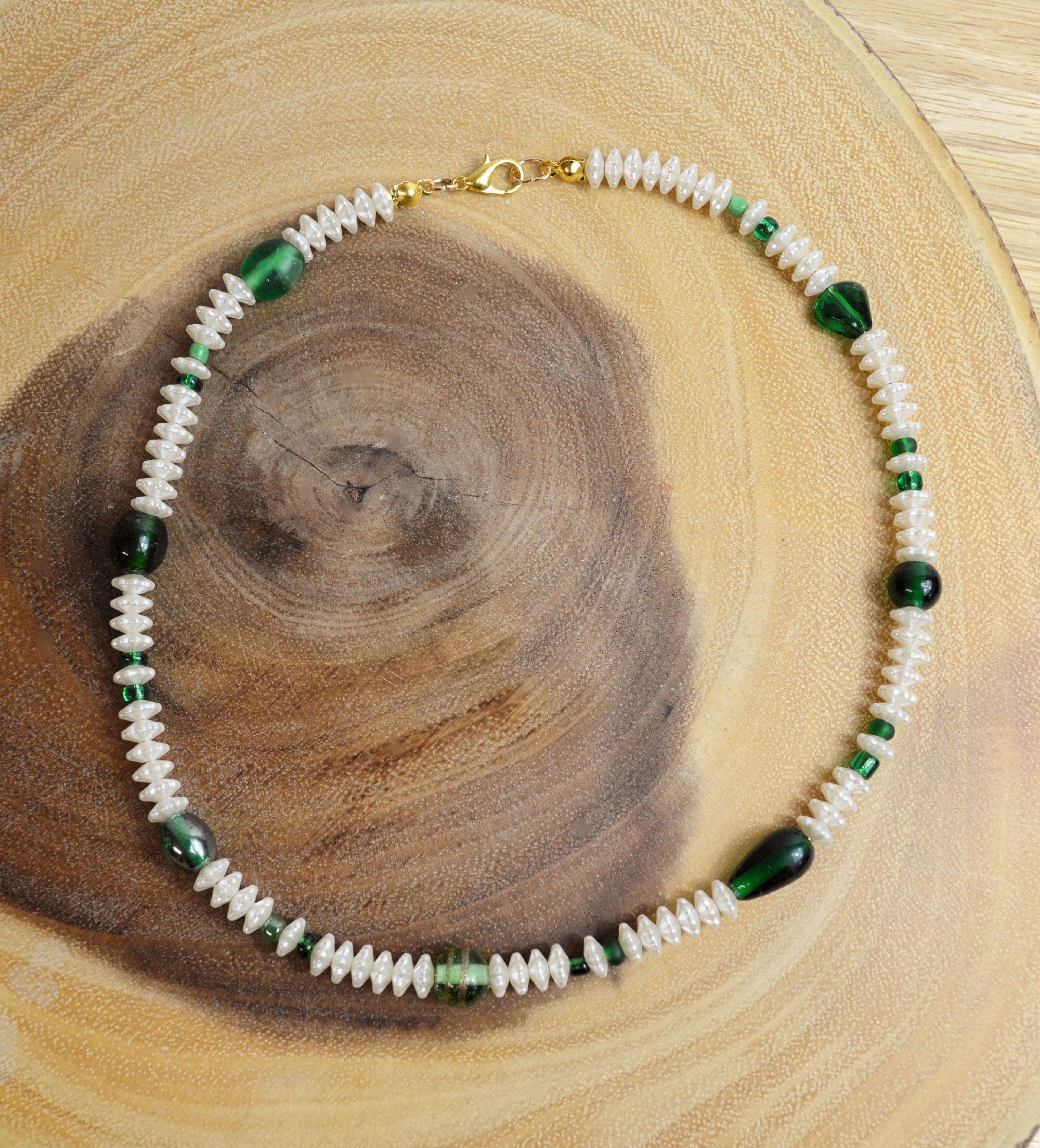 Up-cycled Hand-crafted Necklace with Green Glass and Textured Faux Pearl Beads