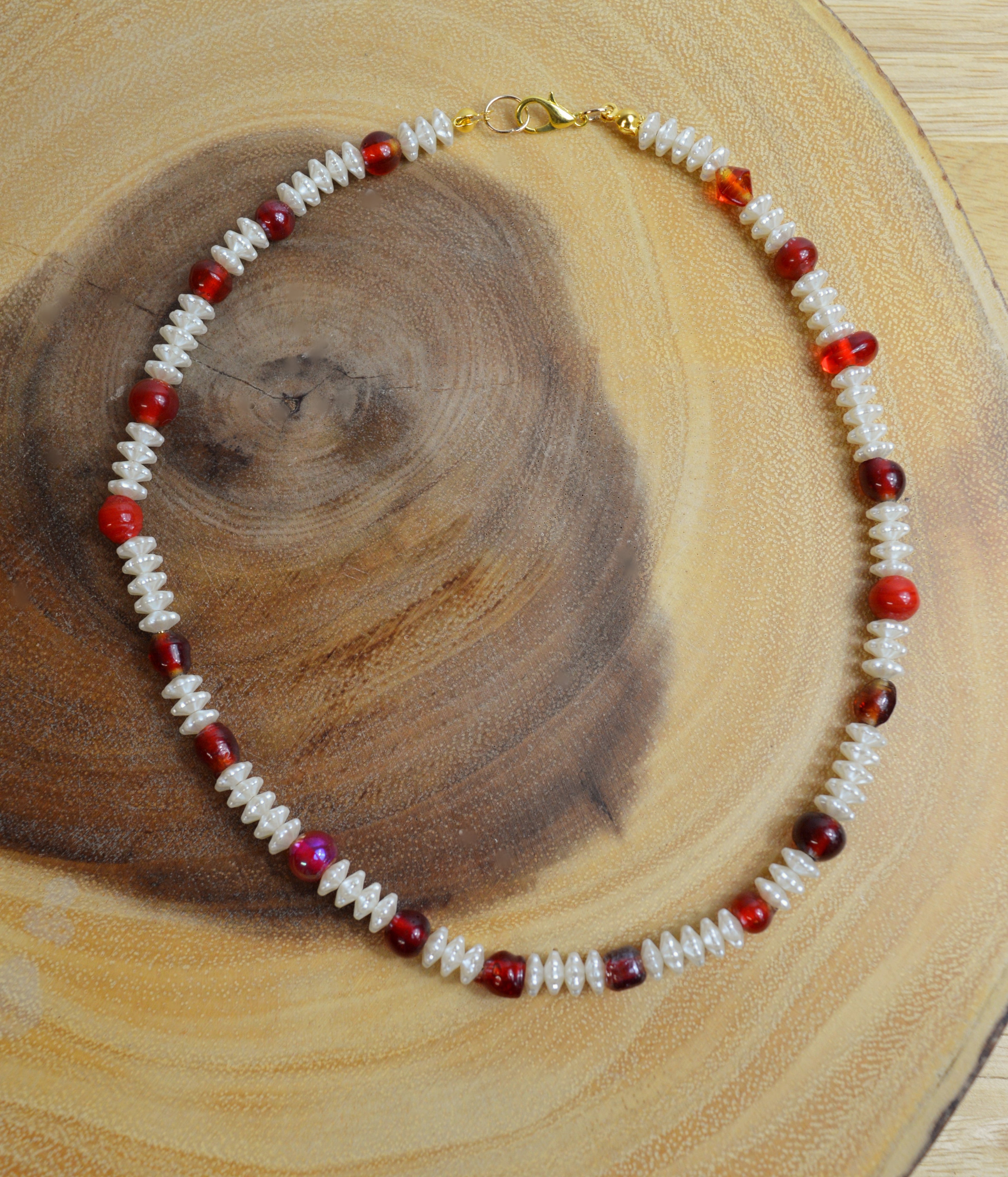 Up-cycled Hand-crafted Necklace with Red Glass and Textured Pearl Beads